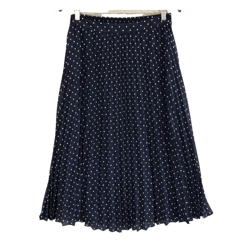 Hobbs Knee Length Skirt Accordion Pleated Womens 6 Blue Polka Dot Retro Teacher